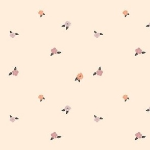 Small Ditsy scattered hand painted florals in lilac violet and apricot on a peach background