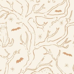 Large Hand drawn line drawing spooky kitties, bats and branches halloween pattern in vanilla and apricot