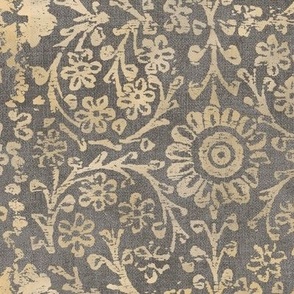 Indian Woodblock in Gold and Taupe (xxl scale) | Vintage gold print on faded taupe linen texture, rustic block print, hand printed pattern in neutral gray brown and gold.