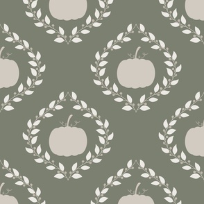 Neutral Gray Pumpkins, Berries & Leaves Autumnal Wallpaper on  Earthy Sage Green