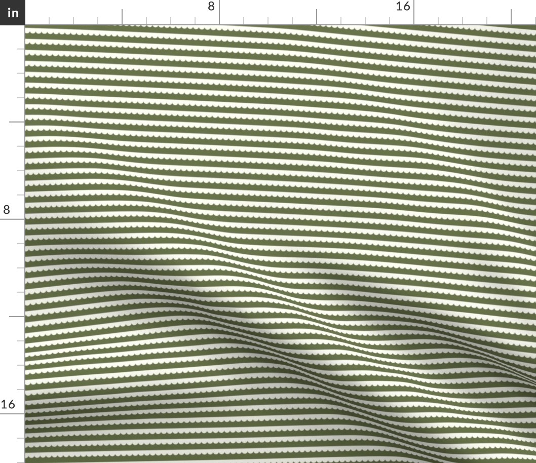 Horizontal Cream Scallop Ruffle Wave Stripes - Green Background