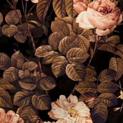 nostalgic Pierre-Joseph Redouté Roses, Antique Flower Bouquets, vintage home decor, English Rose Fabric black and sepia double layer