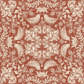 Victorian damask with kissing birds- cream on venetian red - large scale /18" fabric // 24" wallpaper