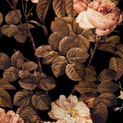 nostalgic Pierre-Joseph Redouté Roses, Antique Flower Bouquets, vintage home decor, English Rose Fabric sepia black