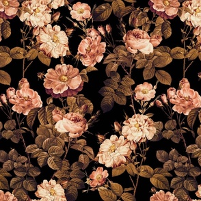 nostalgic Pierre-Joseph Redouté Roses, Antique Flower Bouquets, vintage home decor, English Rose Fabric sepia black