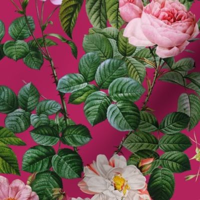 nostalgic Pierre-Joseph Redouté Roses, Antique Flower Bouquets, vintage home decor, English Rose Fabric dark magenta