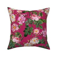 nostalgic Pierre-Joseph Redouté Roses, Antique Flower Bouquets, vintage home decor, English Rose Fabric dark magenta