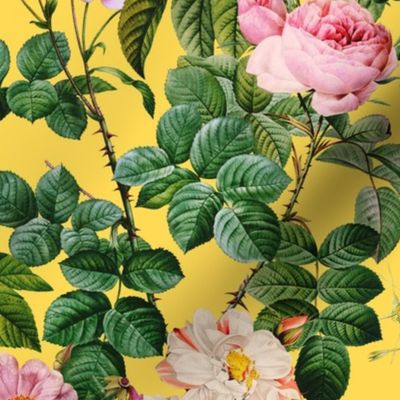 nostalgic Pierre-Joseph Redouté Roses, Antique Flower Bouquets, vintage home decor, English Rose Fabric shiny yellow