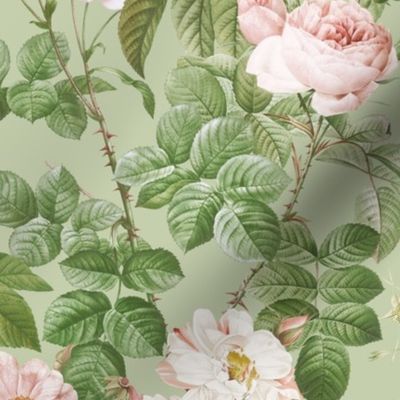 nostalgic Pierre-Joseph Redouté Roses, Antique Flower Bouquets, vintage home decor, English Rose Fabric sepia green 