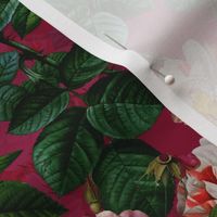 nostalgic Pierre-Joseph Redouté Roses, Antique Flower Bouquets, vintage home decor, English Rose Fabric dark magenta double layer