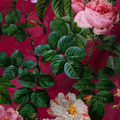 nostalgic Pierre-Joseph Redouté Roses, Antique Flower Bouquets, vintage home decor, English Rose Fabric dark magenta double layer