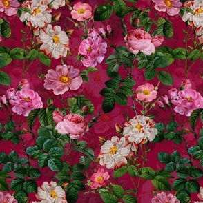 nostalgic Pierre-Joseph Redouté Roses, Antique Flower Bouquets, vintage home decor, English Rose Fabric dark magenta double layer