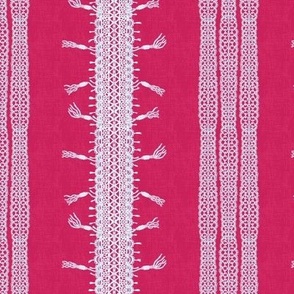 Crochet Lace and Tassels (Medium) - White on Dark Eucalyptus Flower Pink   (TBS135)