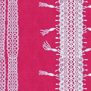 Crochet Lace and Tassels (Large) - White on Dark Eucalyptus Flower Pink
