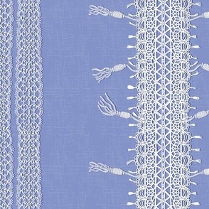 Crochet Lace and Tassels (Large) - White on Lilac Blue  (TBS135)