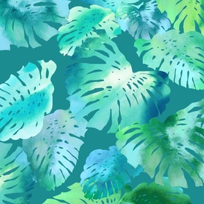 Monstera Watercolor Blues on Teal 150L