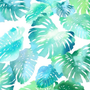 Monstera Watercolor Blues on White 150L