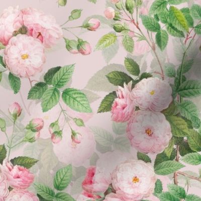 Nostalgic Pierre-Joseph Redouté Rambler Roses, Antique Flower Bouquets, vintage home decor, English Rose Fabric pink double layer