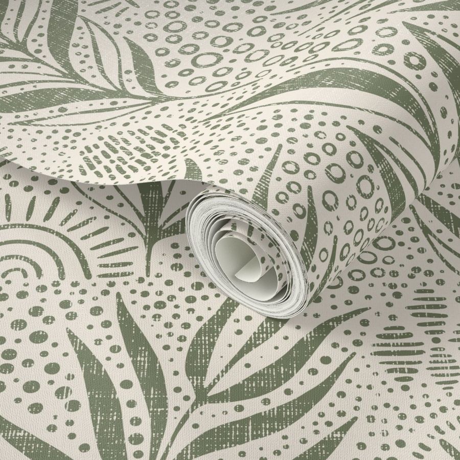 Sage green Boho palm leaves and ethnic doodling on  light background