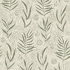 Sage green Boho palm leaves and ethnic doodling on  light background