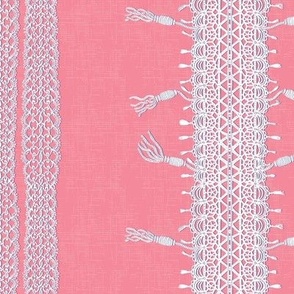 Crochet Lace and Tassels (Large) - White on Bright Coral   (TBS135)