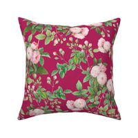 Nostalgic Pierre-Joseph Redouté Rambler Roses, Antique Flower Bouquets, vintage home decor, English Rose Fabric viva magenta