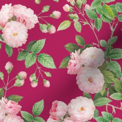 Nostalgic Pierre-Joseph Redouté Rambler Roses, Antique Flower Bouquets, vintage home decor, English Rose Fabric viva magenta