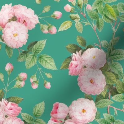 Nostalgic Pierre-Joseph Redouté Rambler Roses, Antique Flower Bouquets, vintage home decor, English Rose Fabric teal turquoise
