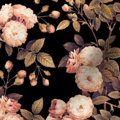 Nostalgic Pierre-Joseph Redouté Rambler Roses, Dark Gothic Antique Flower Bouquets, goth vintage home decor, English Rose Fabric sepia night