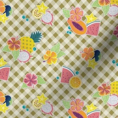 Tropical Picnic- Petal Signature Coordinate- 08 Moss- Tropical Fruits on Earthy Neutral Green- Diagonal Gingham Background- Summer Plaid- Pineapple- Papaya- Watermelon- sMini