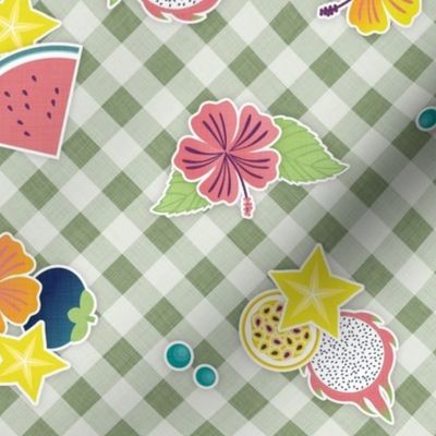 Tropical Picnic- Petal Signature Coordinate- 42 Sage- Tropical Fruits on Earthy Neutral Green- Diagonal Gingham Background- Summer Plaid- Pineapple- Papaya- Watermelon- Small