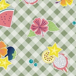 Tropical Picnic- Petal Signature Coordinate- 42 Sage- Tropical Fruits on Earthy Neutral Green- Diagonal Gingham Background- Summer Plaid- Pineapple- Papaya- Watermelon- Small