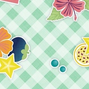 Tropical Picnic- Petal Signature Coordinate- 43 Jade- Tropical Fruits on Mint Bright Pastel Green- Diagonal Gingham Background- Summer Plaid- Pineapple- Papaya- Watermelon- Medium