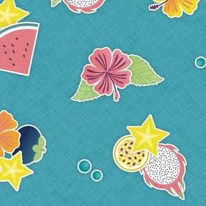 Tropical Picnic- Petal Signature Coordinate- 46 Lagoon- Tropical Fruits on Turquoise Teal Blue Background- Summer- Pineapple- Papaya- Watermelon- Small