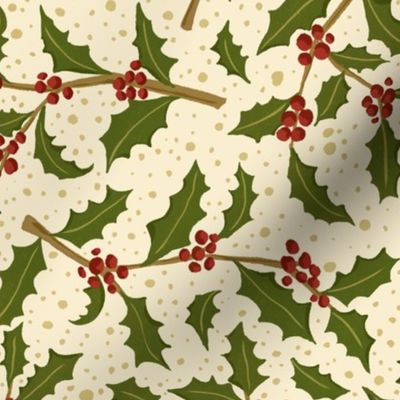 12" Christmas Holly Branches - Winter Botanical - Holly Leaves and Berries - Red and Green