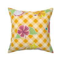 Tropical Picnic- Petal Signature Coordinate- 13 Marigold Bright Orange- Tropical Fruits on Diagonal Gingham Background- Vintage Summer Plaid- Pineapple- Papaya- Watermelon- Large