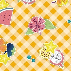 Tropical Picnic- Petal Signature Coordinate- 13 Marigold Bright Orange- Tropical Fruits on Diagonal Gingham Background- Vintage Summer Plaid- Pineapple- Papaya- Watermelon- Small