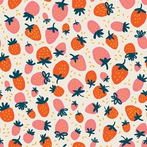 Tossed red and pink strawberries on off white – summer and fruits – painted strawberry - medium scale