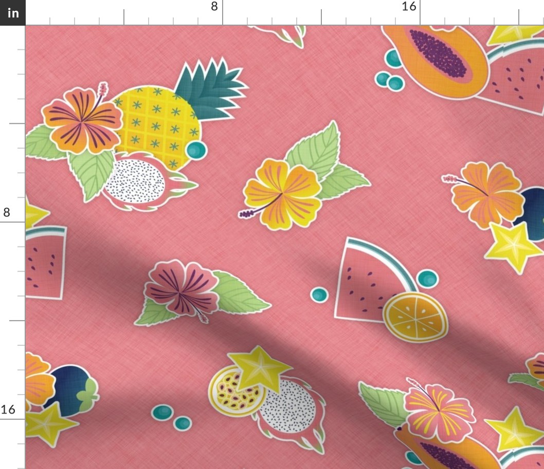 Tropical Picnic- Petal Signature Coordinate- 23 Watermelon- Tropical Fruits on Coral Flamingo Pink Background- Summer- Pineapple- Papaya- Watermelon- Medium