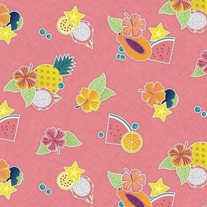 Tropical Picnic- Petal Signature Coordinate- 23 Watermelon- Tropical Fruits on Coral Flamingo Pink Background- Summer- Pineapple- Papaya- Watermelon- sMini