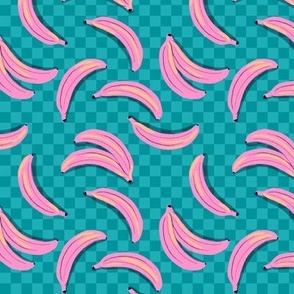 pink bananas on teal checkerboard - small scale