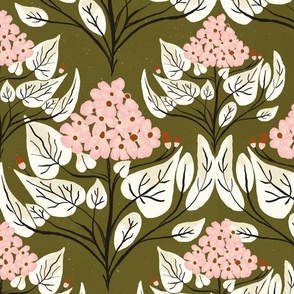 Hydrangea sketched florals and leaves_olive green_pink_Large