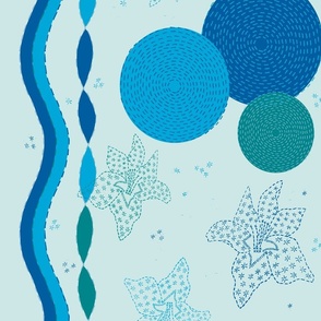 Ultra Steady Pantone palette Ocean hand-drawn mending waves, circles, flowers and stars -on Light blue