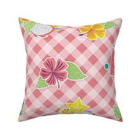 Tropical Picnic- Petal Signature Coordinate- 23 Watermelon Coral Flamingo Pink- Tropical Fruits on Diagonal Gingham Background- Vintage Summer Plaid- Pineapple- Papaya- Watermelon- Large