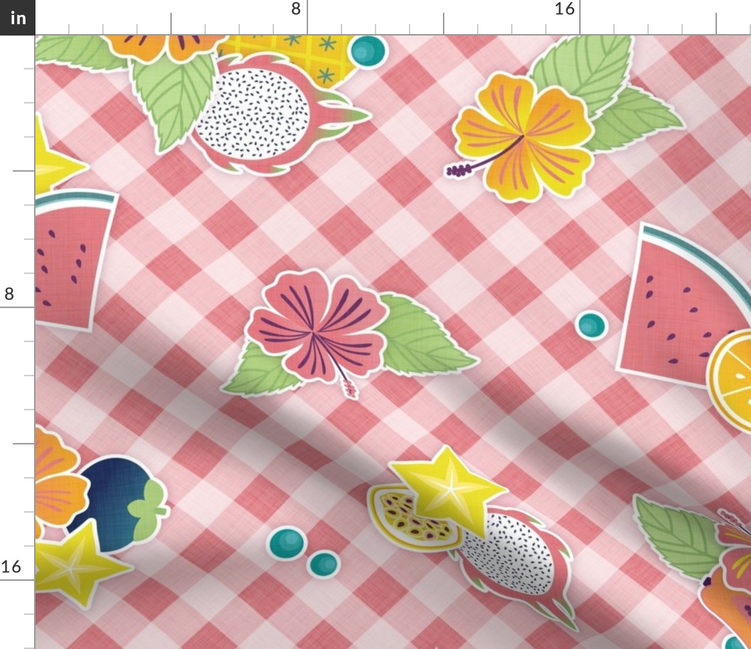 Tropical Picnic- Petal Signature Coordinate- 23 Watermelon Coral Flamingo Pink- Tropical Fruits on Diagonal Gingham Background- Vintage Summer Plaid- Pineapple- Papaya- Watermelon- Large