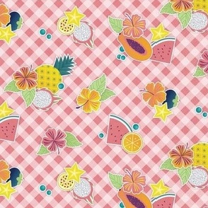 Tropical Picnic- Petal Signature Coordinate- 23 Watermelon Coral Flamingo Pink- Tropical Fruits on Diagonal Gingham Background- Vintage Summer Plaid- Pineapple- Papaya- sMini