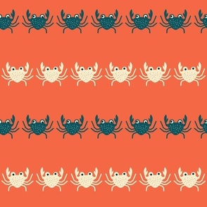 White and dark green stripes of  funny crabs on red