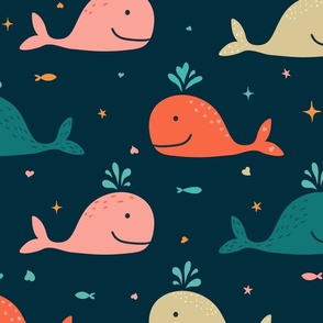 L. Playful smiley whales in the ocean, underwater life | red, pink, teal and beige whales on dark blue. Large scale, whales are 7 inch long