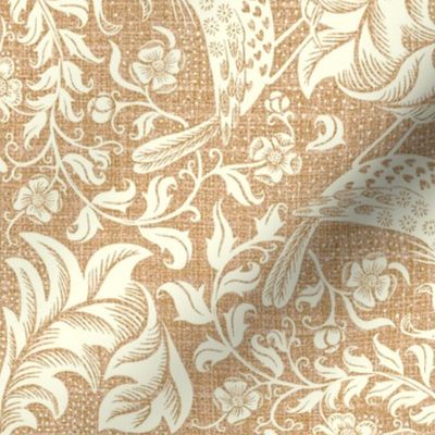 Victorian damask with kissing birds- cream on textured peachy beige - large scale /18" fabric // 24" wallpaper