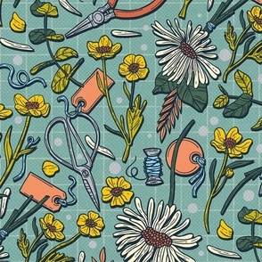 Ditsy Flower Aesthetic, Daisy and Buttercup Retro Summer / Blue Version / Small Scale

